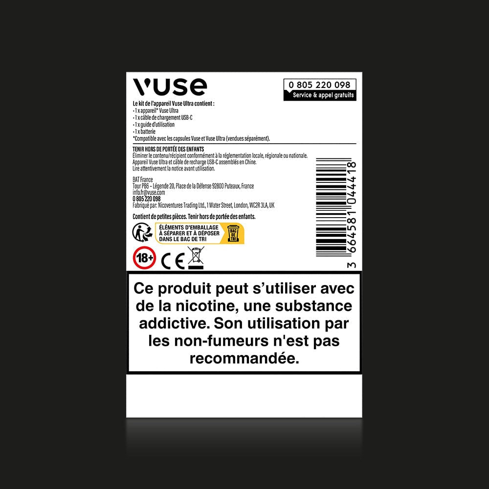 Vuse | Une simple étiquette en français apposée sur le kit VUSE Ultra indique qu'il peut contenir de la nicotine (qui crée une dépendance), précise qu'il est composé d'un dispositif en aluminium et d'une batterie amovible, précise qu'il n'est pas destiné aux non-fumeurs et comporte des icônes signalant les dangers ainsi que les restrictions d'âge. | Cigarettes Electroniques et Recharges