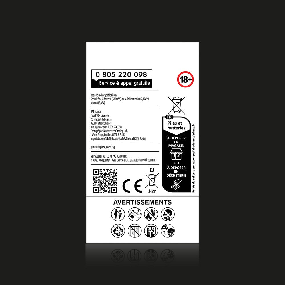 Vuse | Étiquette sur fond noir pour la batterie Vuse Ultra de VUSE, comportant un texte en français, des avertissements de sécurité, des symboles de recyclage, un code QR, l'icône « 18+ », le marquage CE et les instructions d'élimination pour la batterie de rechange. | Cigarettes Electroniques et Recharges