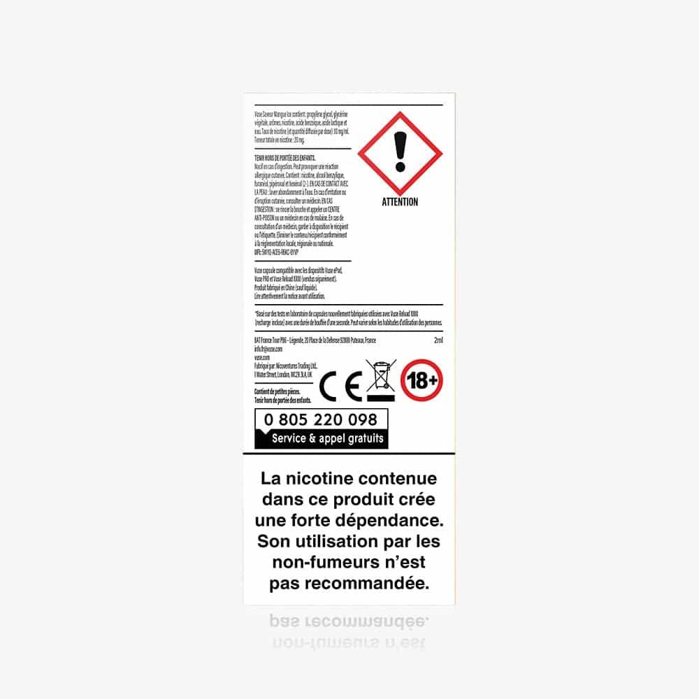 Vuse | La capsule VUSE 1 « Saveur Mangue Ice », présentée dans un coffret blanc, comporte l'avertissement français sur les risques liés à la dépendance à la nicotine, un point d'exclamation rouge symbolisant le danger, le symbole « 18+ », un numéro de téléphone d'assistance gratuit, et contient une capsule à la saveur de mangue pour une expérience fruitée. | Cigarettes Electroniques et Recharges