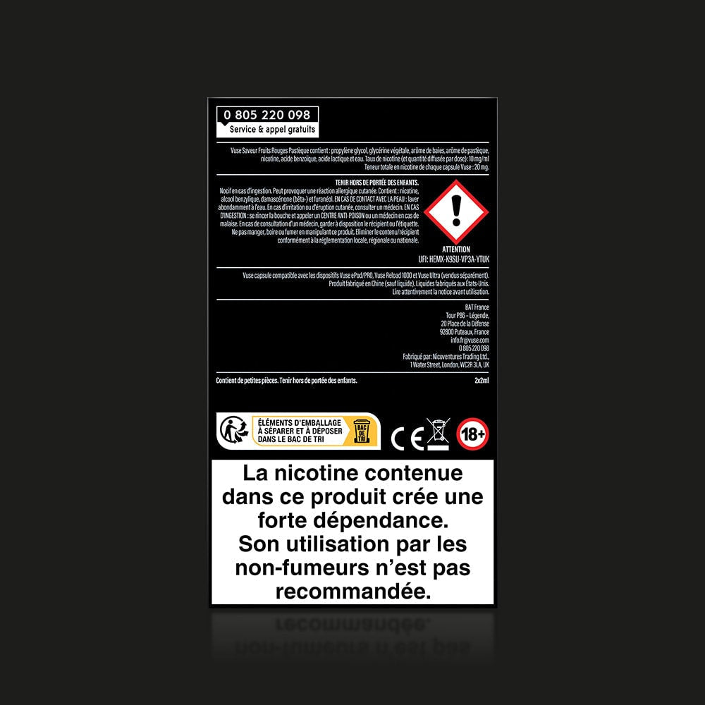Vuse | Étiquette d'avertissement française en noir et blanc pour le produit VUSE Ultra Saveur Fruits Rouges Pastèque, comportant un symbole de danger rouge, un numéro de téléphone, une restriction d'âge (18 ans et plus) et un avertissement concernant le fort risque de dépendance à la nicotine ; déconseillé aux non-fumeurs. | Cigarettes Electroniques et Recharges