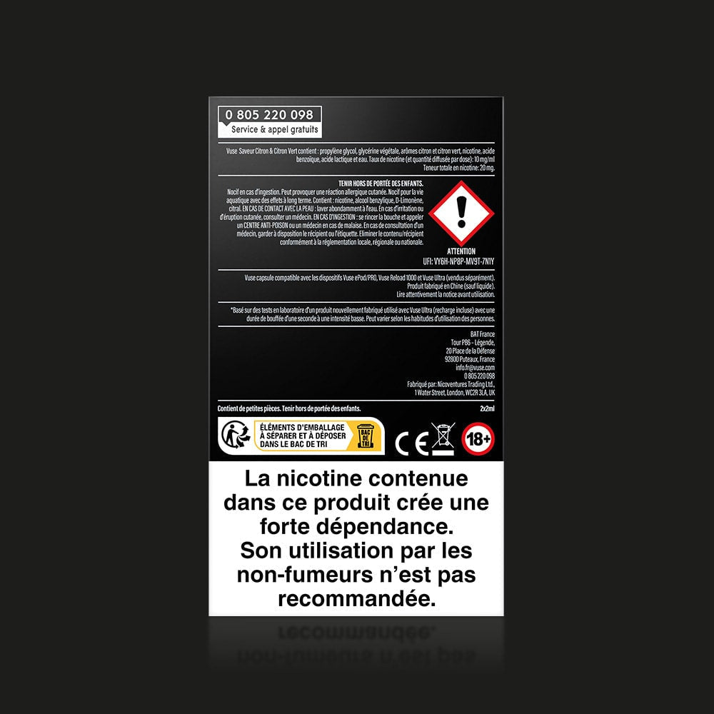 Vuse | Une étiquette VUSE en noir et blanc pour le produit « Vuse Ultra Saveur Citron & Citron Vert » comporte des symboles d'avertissement ainsi qu'un texte en français indiquant que la nicotine entraîne une forte dépendance et que ce produit n'est pas destiné aux non-fumeurs ; cet avertissement figure en gras au bas de l'étiquette. | Cigarettes Electroniques et Recharges