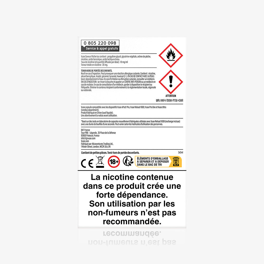 Vuse | Une étiquette blanche comportant des symboles de danger et un texte en français indique que les capsules VUSE Recharges Standards Saveur Pêche Ice contiennent de la nicotine, substance hautement addictive, et ne sont pas recommandées aux non-fumeurs. | Cigarettes Electroniques et Recharges