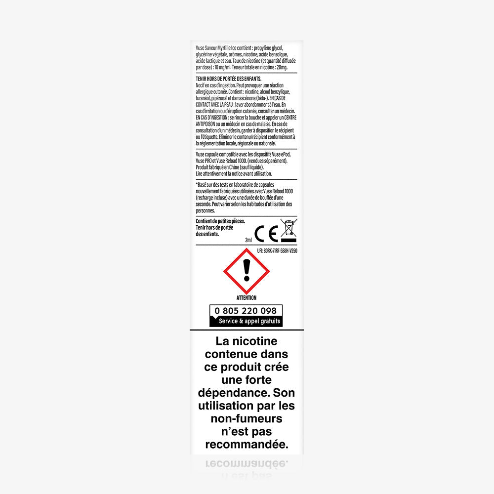 Vuse | Une étiquette blanche comportant du texte noir, un symbole d'avertissement rouge et un numéro de téléphone. Avertissement en français pour le produit Vuse Reload 1000 Bar Saveur Myrtille Ice : « La nicotine contenue dans ce produit crée une forte dépendance. » Marque : VUSE. | Cigarettes Electroniques et Recharges