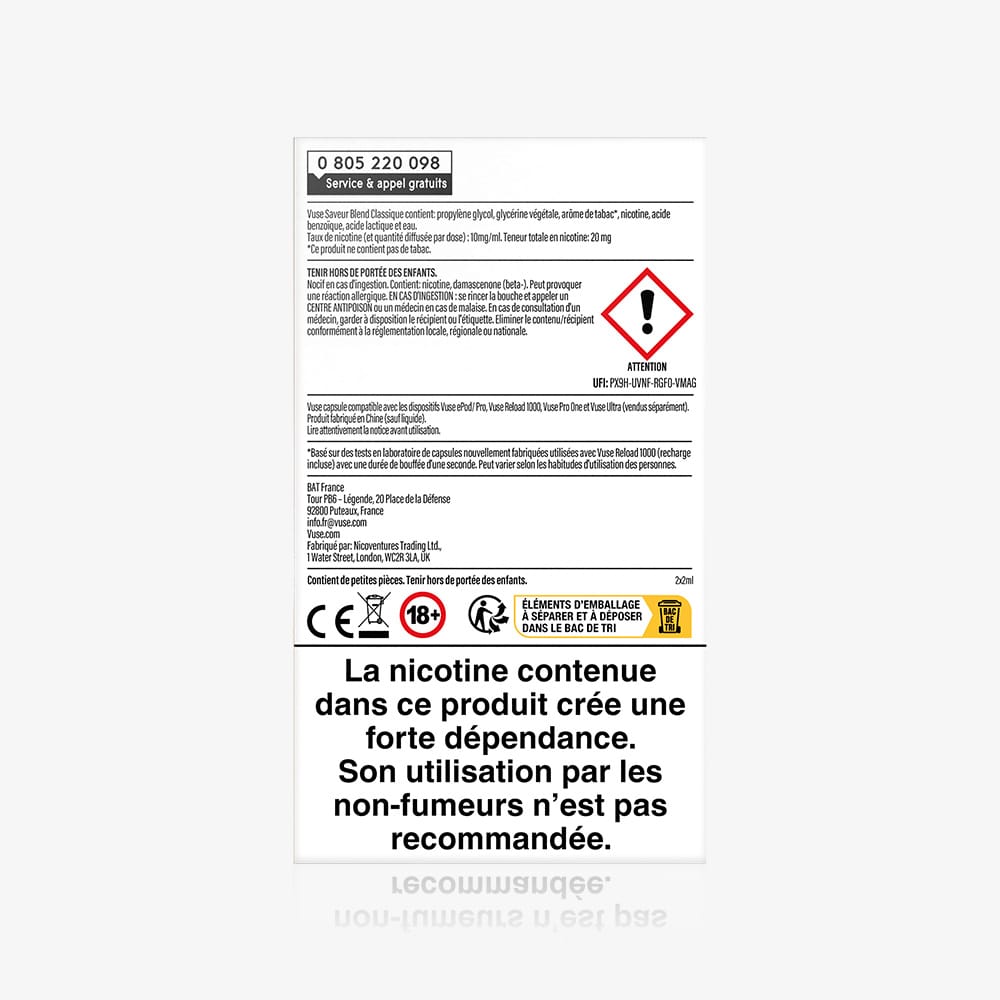 Vuse | Au dos d'un paquet de VUSE Recharges Standards Saveur Blend Classique figurent des avertissements, des icônes de sécurité, un symbole rouge de danger ainsi qu'un texte en français indiquant que la nicotine entraîne une forte dépendance et n'est pas recommandée aux non-fumeurs. Aucune capsule de café n'est incluse. | Cigarettes Electroniques et Recharges
