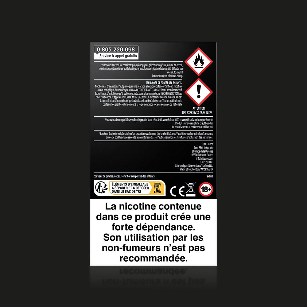 Vuse | Étiquette d'avertissement en noir et blanc pour le produit « Vuse Ultra Saveur Cerise Ice » de la marque VUSE, comportant des symboles de danger et un texte en français : « La nicotine contenue dans ce produit crée une forte dépendance. Son utilisation par les non-fumeurs n’est pas recommandée. ». | Cigarettes Electroniques et Recharges