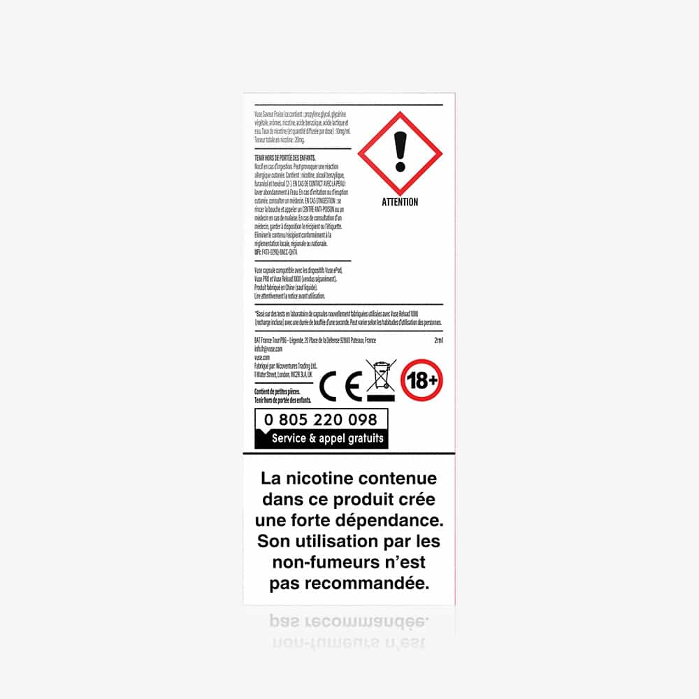 Vuse | Une étiquette d'avertissement en français apposée sur une capsule « 1 Pod Saveur Fraise Ice » de la marque VUSE comporte un symbole de danger rouge, des consignes de sécurité, un numéro de téléphone et un avertissement concernant la dépendance à la nicotine. Il est indiqué que ce produit n'est pas recommandé aux non-fumeurs. La mention « 18+ » figure en bas de l'étiquette. | Cigarettes Electroniques et Recharges