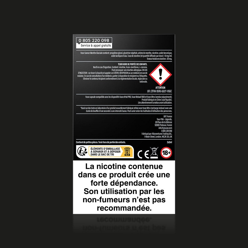 Vuse | Une étiquette d'avertissement française apposée sur le produit « Vuse Ultra Saveur Menthe Glaciale » indique que la nicotine crée une forte dépendance et que son utilisation est déconseillée aux non-fumeurs ; au-dessus de l'avertissement principal figurent des icônes, des mentions légales et un numéro d'assistance téléphonique. Marque : VUSE. | Cigarettes Electroniques et Recharges