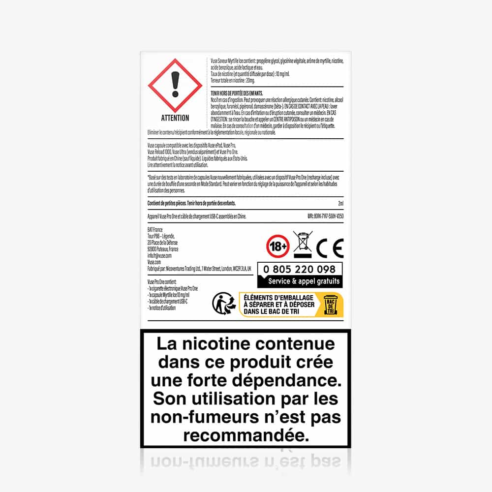 Vuse | Étiquette d'avertissement pour le VUSE Pro ONE Box Myrtille Ice, comportant un symbole de danger et la mention en français suivante : « La nicotine contenue dans ce produit crée une forte dépendance. Son utilisation par les non-fumeurs n’est pas recommandée. ». | Cigarettes Electroniques et Recharges