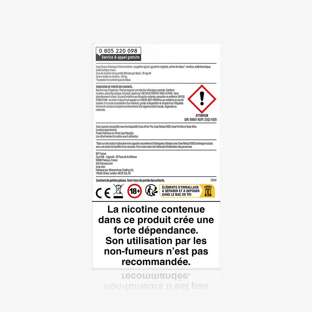 Vuse | Au dos d'une boîte de VUSE Recharge Gamme Intense Saveur Classique Crème figurent un texte d'avertissement en français, un symbole de danger, des icônes de sécurité et une mention en gros caractères : « La nicotine contenue dans ce produit crée une forte dépendance ; utilisation déconseillée aux non-fumeurs. ». | Cigarettes Electroniques et Recharges