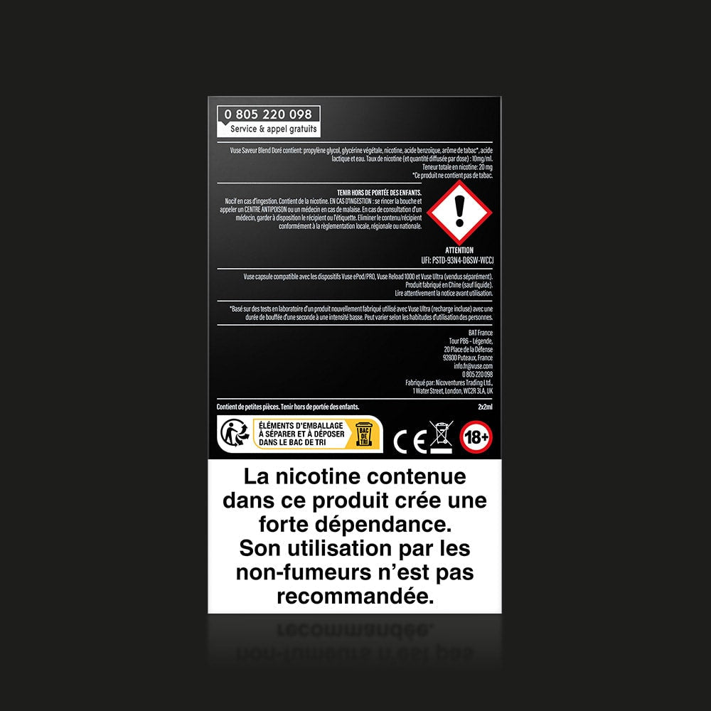 Vuse | L'emballage des capsules Vuse Ultra Saveur Blend Doré 10 mg/ml comporte des icônes d'avertissement, un texte en français sur la dépendance à la nicotine, des symboles de danger, le numéro d'une ligne d'assistance et une mention « réservé aux plus de 18 ans », le tout sous la marque VUSE. | Cigarettes Electroniques et Recharges