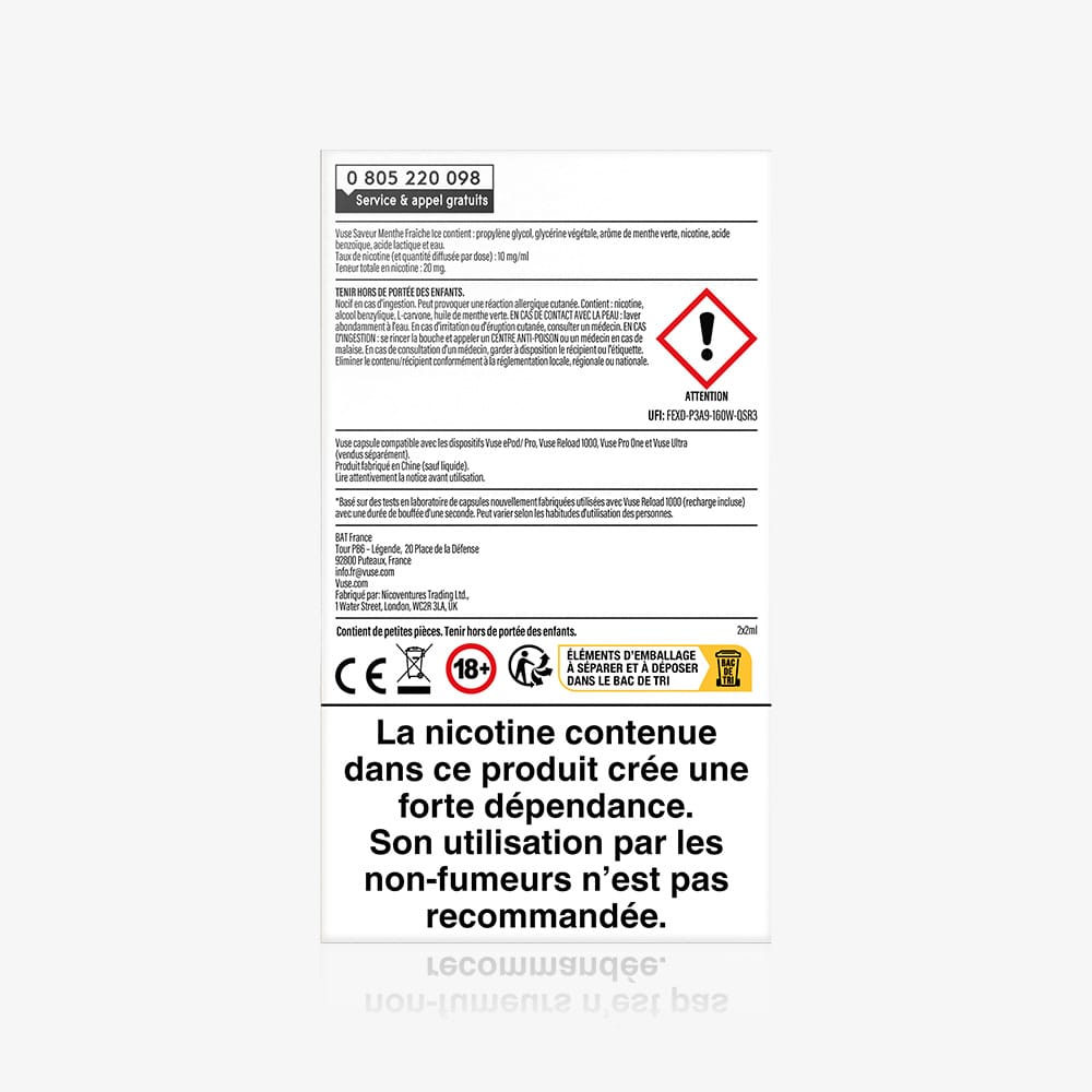 Vuse | Au dos de la boîte de capsules VUSE Recharges Standards Saveur Menthe Fraîche Ice figurent des avertissements en français, un symbole de danger rouge, des logos de certification, ainsi qu'une mention en gros caractères indiquant que ces capsules créent une dépendance et ne sont pas destinées aux non-fumeurs. | Cigarettes Electroniques et Recharges