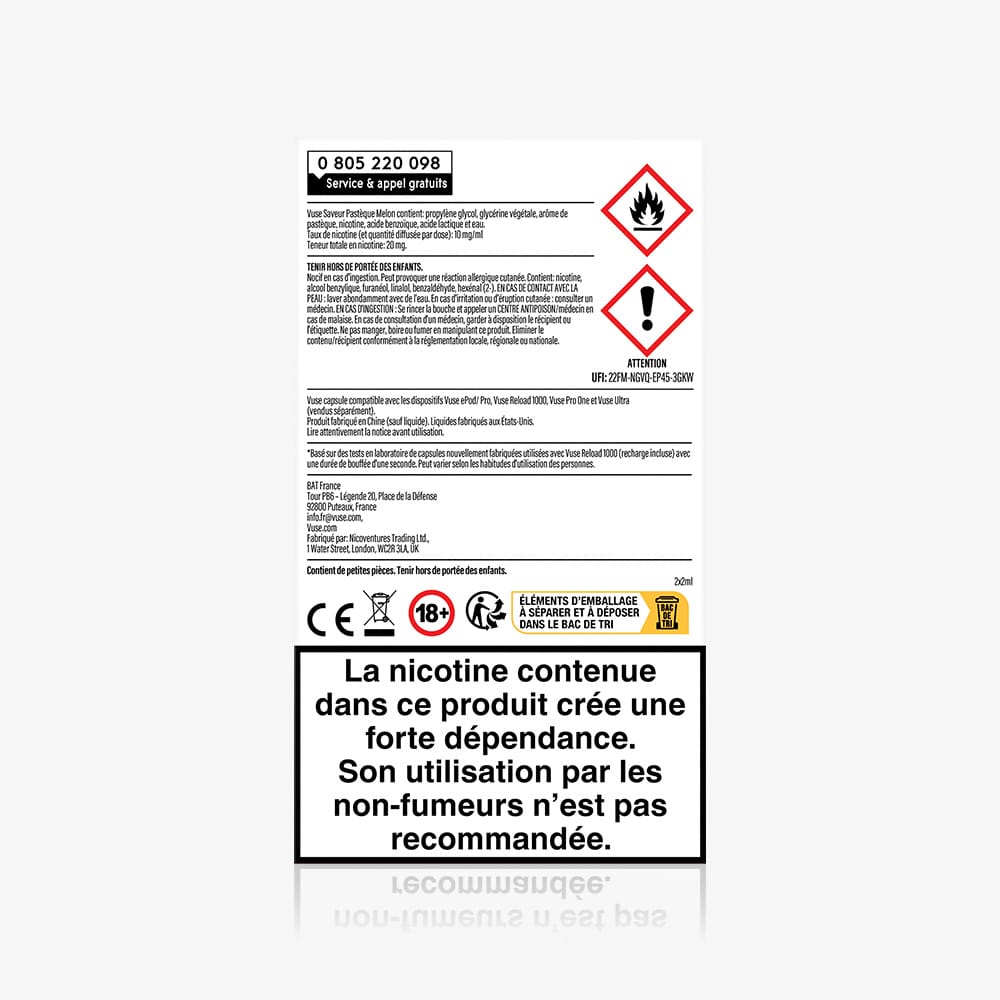 Vuse | L'étiquette d'avertissement des recharges VUSE « Standards Saveur Pastèque Melon » comporte des symboles de danger ainsi qu'un texte en français concernant les risques de dépendance, les mises en garde sanitaires, la teneur en nicotine de 10 mg/ml, l'interdiction d'utilisation par les non-fumeurs et le fait que ce produit est réservé aux adultes. | Cigarettes Electroniques et Recharges