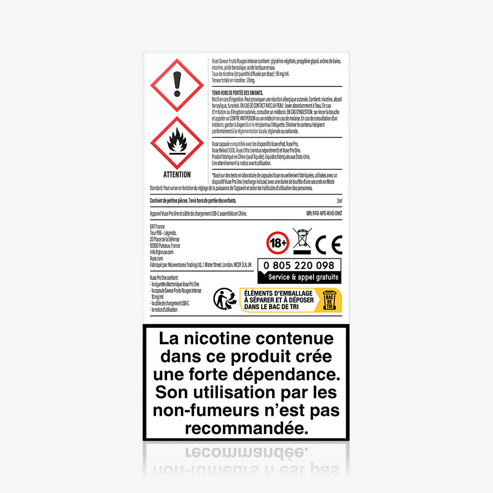 Vuse | Une étiquette blanche comportant des symboles de danger, des avertissements et des instructions en français. L'avertissement en caractères gras précise que la nicotine contenue dans le VUSE Pro ONE Box Fruits Rouges Intense entraîne une forte dépendance et n'est pas recommandée aux non-fumeurs. | Cigarettes Electroniques et Recharges