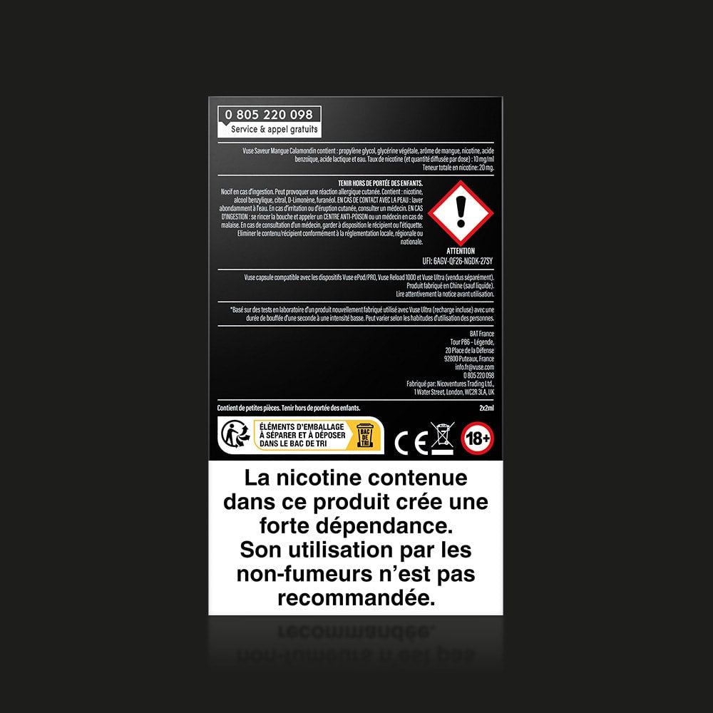 Vuse | Une étiquette française en noir et blanc relative aux risques liés à la nicotine, destinée aux capsules VUSE Ultra Saveur Mangue Calamondin, comportant des symboles de danger, des consignes de sécurité et l'avertissement en caractères gras : « La nicotine contenue (10 mg/ml) crée une forte dépendance. ». | Cigarettes Electroniques et Recharges