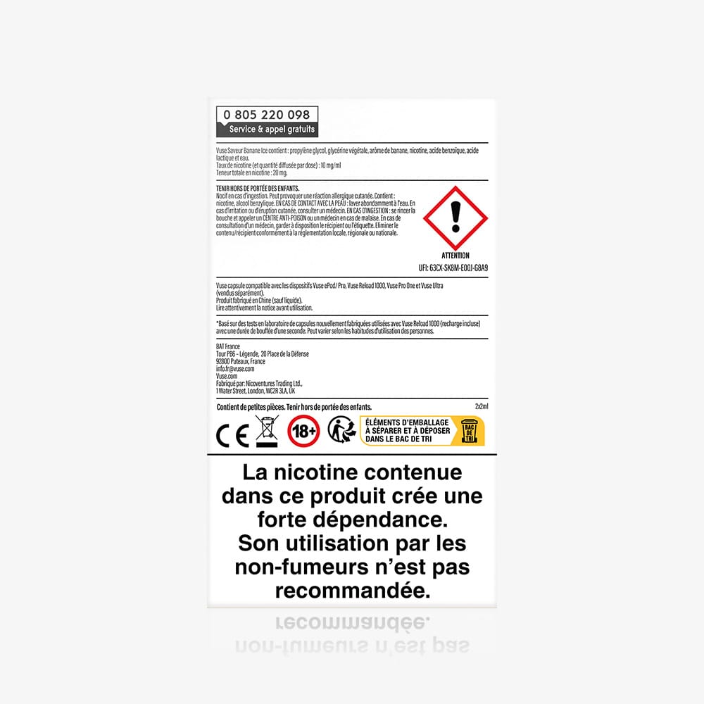 Vuse | Dos d'un sachet de glace « VUSE Recharge Gamme Intense Saveur Banane » comportant des avertissements en français, des symboles de danger et des icônes réglementaires. Le texte met en garde contre un risque élevé de dépendance et déconseille aux non-fumeurs d'utiliser ce produit. | Cigarettes Electroniques et Recharges