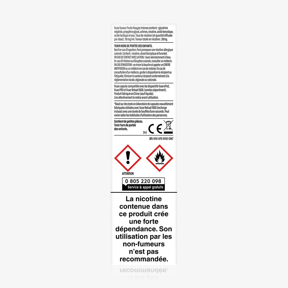 Vuse | Dos d'un coffret VUSE Reload 1000 Bar Saveur Fruits Rouges Intense contenant des ingrédients d'origine française, sur lequel figurent clairement les mises en garde, les symboles de danger, l'avertissement sur la dépendance à la nicotine et le numéro d'assistance. Conçu pour une utilisation avec des cartouches rechargeables. | Cigarettes Electroniques et Recharges