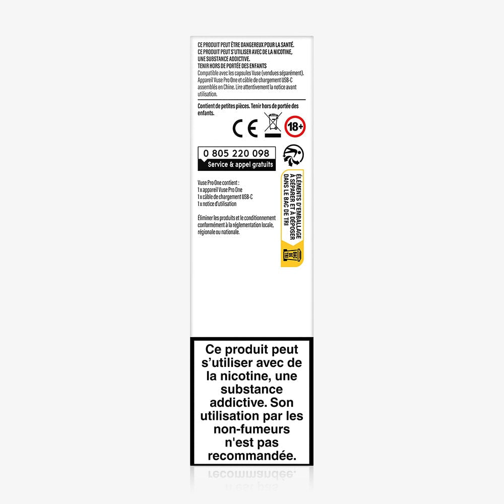 Vuse | Le kit VUSE Pro One Bar Simple est présenté dans un emballage blanc comportant des avertissements sanitaires en français concernant la nicotine, le symbole « 18 ans et plus », le numéro gratuit de la ligne d'assistance, et porte la mention « cigarette électronique ». | Cigarettes Electroniques et Recharges