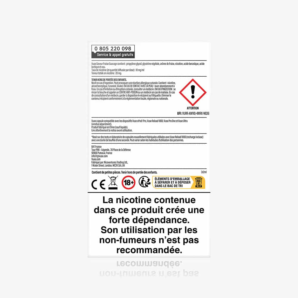 Vuse | Au dos d'un paquet de VUSE Recharge Gamme Intense Saveur Fraise Sauvage figurent des symboles d'avertissement et un texte en français : « La nicotine entraîne une forte dépendance, ne convient pas aux non-fumeurs. » Le paquet contient deux capsules à la saveur fraise. | Cigarettes Electroniques et Recharges