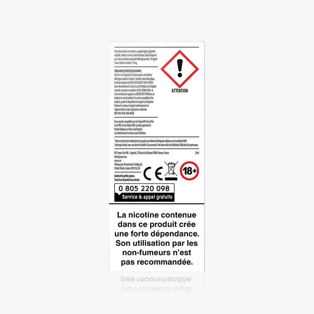 Vuse | La capsule VUSE 1 « Saveur Raisin Ice » se présente dans un emballage blanc orné d'un point d'exclamation rouge, d'un texte en français, d'une mention « Réservé aux plus de 18 ans » et d'un avertissement clair sur le risque de dépendance à la nicotine — produit déconseillé aux non-fumeurs. | Cigarettes Electroniques et Recharges