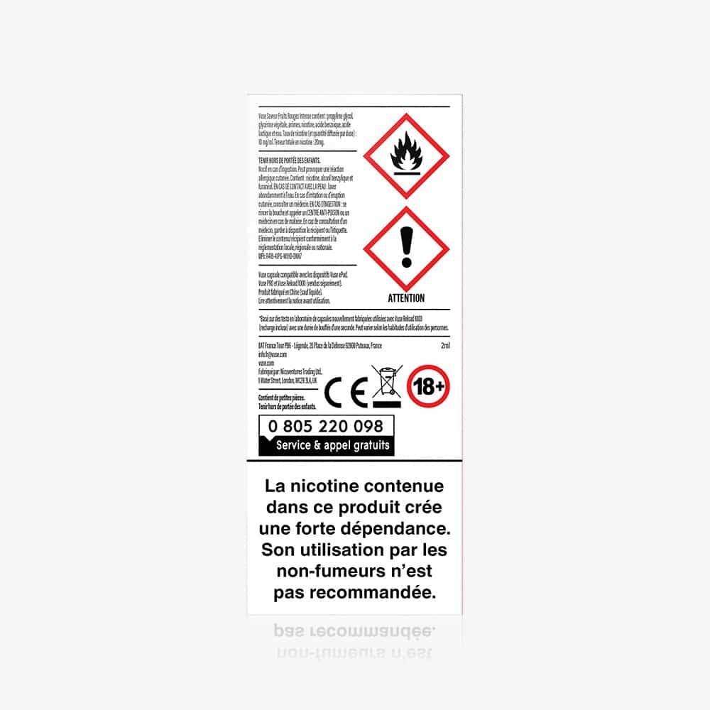 Vuse | La capsule VUSE 1 « Saveur Fruits Rouges Intense » est présentée dans un emballage blanc comportant du texte noir, des symboles rouges indiquant l'inflammabilité et les précautions d'emploi, un numéro de téléphone ainsi qu'un avertissement en français en caractères gras concernant la nicotine. Elle utilise la technologie des capsules ; déconseillée aux non-fumeurs en raison de son fort potentiel de dépendance. | Cigarettes Electroniques et Recharges