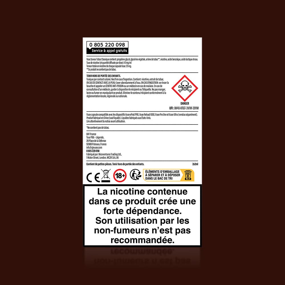 Vuse | Une étiquette d'avertissement en français apposée sur un produit VUSE, tel que le « Vuse Original Saveur Tabac Classique », met en avant les risques liés à la dépendance à la nicotine. Elle comporte des symboles de danger, des icônes réglementaires et des avertissements sanitaires en français concernant la dépendance à la nicotine, et précise que l'utilisation de ce produit n'est pas recommandée aux non-fumeurs. Certains produits peuvent également comporter des informations relatives aux « capsules
