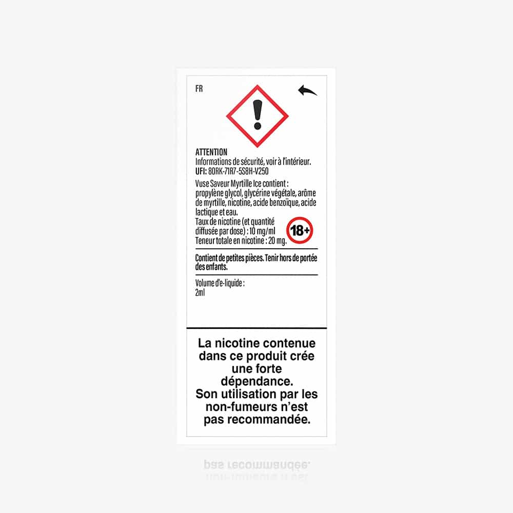 Vuse | Étiquette d'avertissement pour 1 Pod « Saveur Myrtille Ice » de VUSE : symbole de danger (!), logo « 18+ », avertit des risques et d'un fort potentiel addictif — utilisation déconseillée aux non-fumeurs. | Cigarettes Electroniques et Recharges