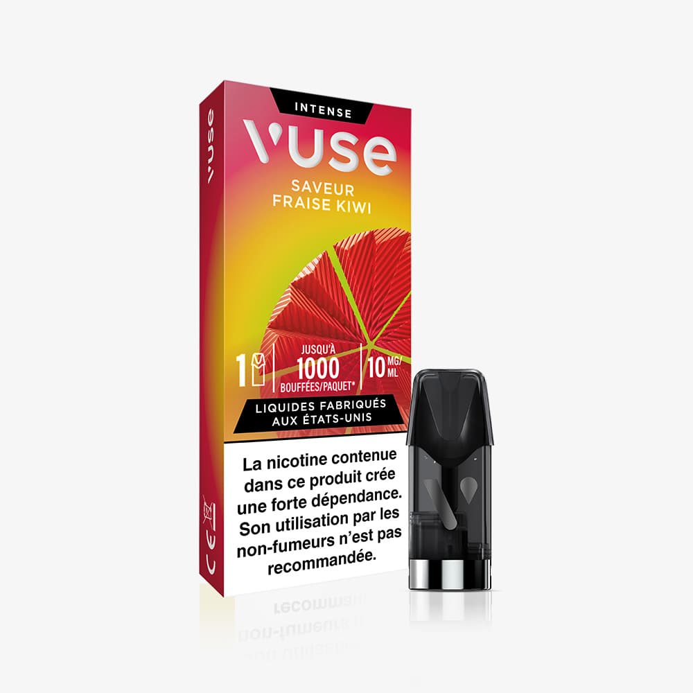 Vuse | La boîte rouge du VUSE 1 Pod Saveur Fraise Kiwi arbore un graphisme aux couleurs vives représentant une tranche de kiwi et une fraise, avec l'étiquette « Saveur Fraise Kiwi » et, à côté, une capsule de vapotage noire aux lignes épurées. L'avertissement français sur la nicotine figure bien en évidence sur l'emballage. | Cigarettes Electroniques et Recharges