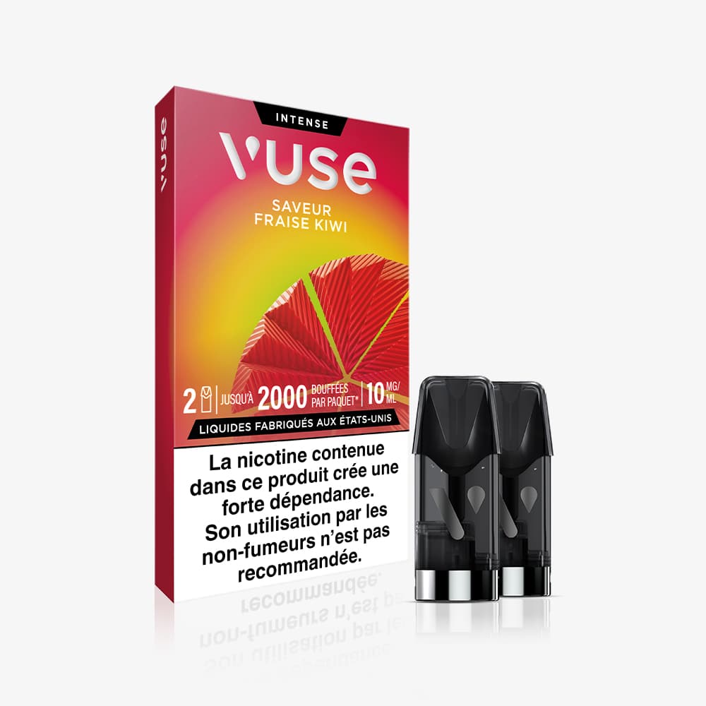 Vuse | La gamme VUSE Recharge Intense Saveur Fraise Kiwi se présente dans un coffret rouge et vert sur lequel figurent deux pods pour cigarette électronique. Un avertissement français concernant la nicotine apparaît au bas de l'emballage. | Cigarettes Electroniques et Recharges