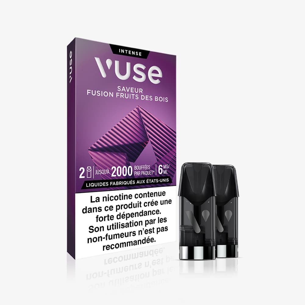 Vuse | Un paquet de VUSE Recharge Gamme Intense Saveur Fusion Fruits des Bois, avec deux capsules noires au premier plan. La boîte comporte des avertissements sanitaires en français concernant la dépendance à la nicotine. | Cigarettes Electroniques et Recharges