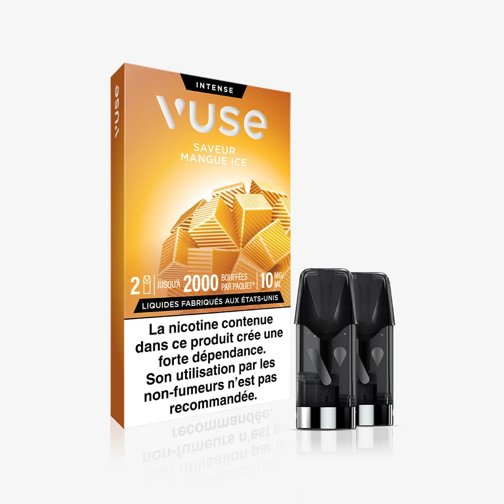 Vuse | Une boîte VUSE orange portant la mention « Recharge Gamme Intense Saveur Mangue Ice », ornée d'images de mangues et d'avertissements sanitaires en français, trône à côté de deux capsules noires « Mangue Ice ». | Cigarettes Electroniques et Recharges