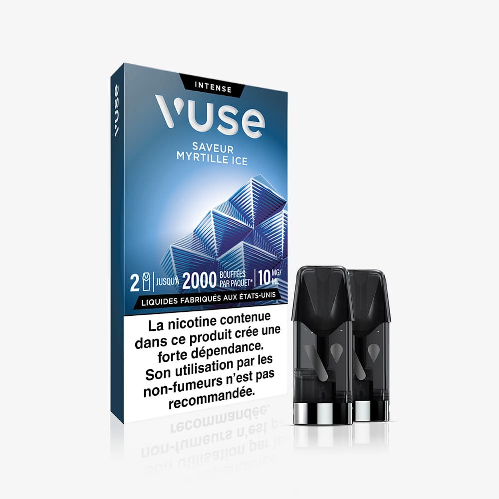 Vuse | Le paquet « Recharge Gamme Intense Saveur Myrtille Ice » de VUSE contient deux capsules à la saveur myrtille glacée, présente un design bleu orné de motifs géométriques et comporte, en bas, un avertissement en français sur la dépendance à la nicotine. | Cigarettes Electroniques et Recharges