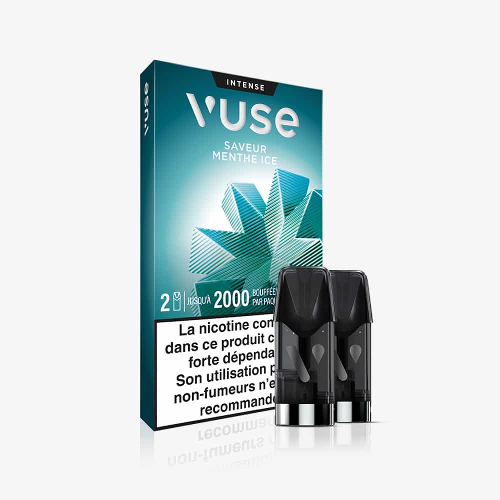 Vuse | Boîte de recharges « Gamme Intense Saveur Menthe Ice » de VUSE, ornée d'un motif géométrique de feuilles bleu-vert et comportant deux pods noirs sur le devant. L'emballage comporte un texte en français ainsi qu'un avertissement concernant la nicotine. | Cigarettes Electroniques et Recharges