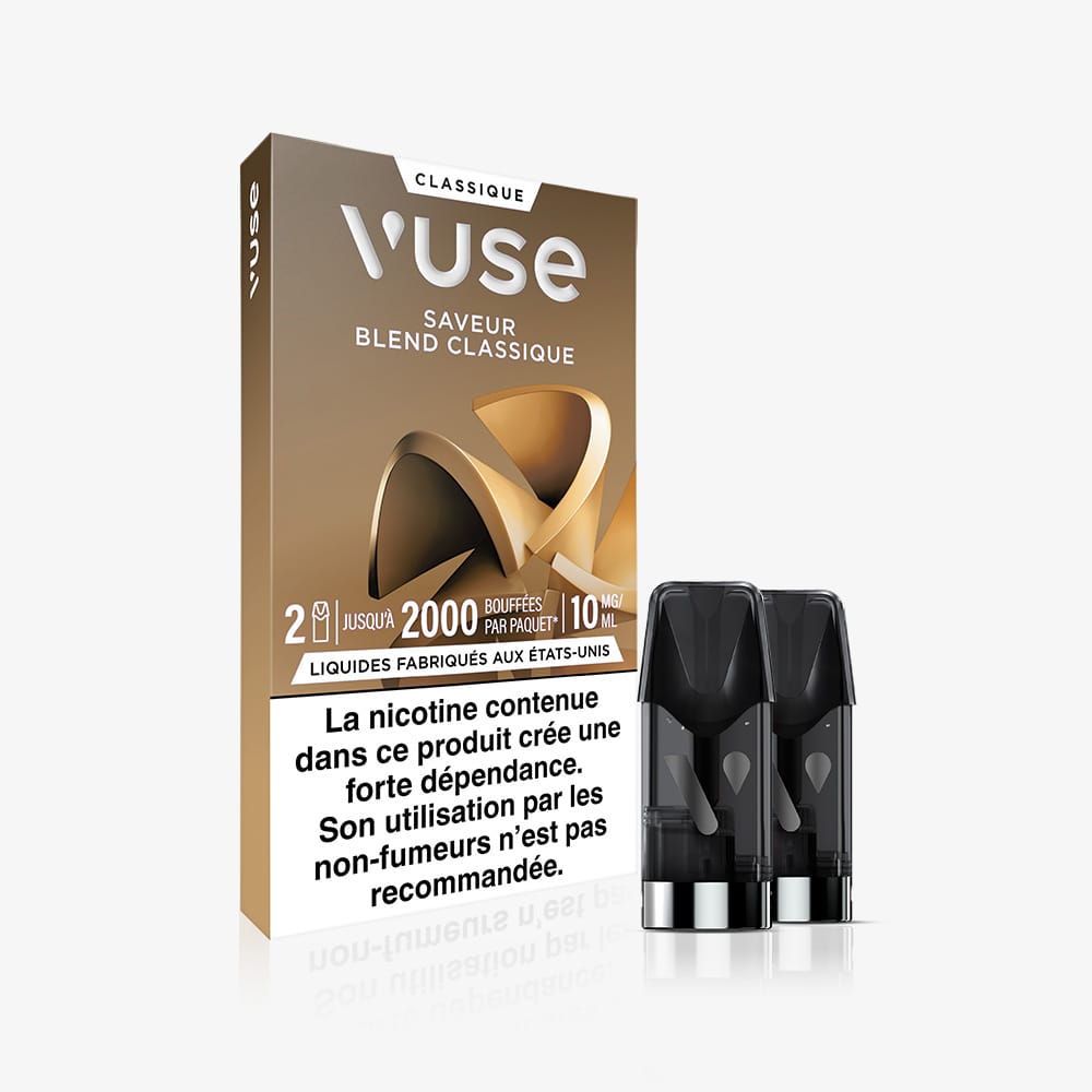 Vuse | Un paquet de recharges VUSE « Standards Saveur Blend Classique » avec, au premier plan, deux dosettes de recharge au goût de café. L'emballage noir et doré indique la teneur en nicotine, le nombre de bouffées et un avertissement sanitaire en français. | Cigarettes Electroniques et Recharges