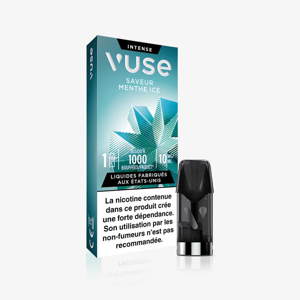 Vuse | Une boîte de pods VUSE 1 « Saveur Menthe Ice » ornée d'un motif représentant une feuille de menthe, d'un texte en français et d'un pod noir à côté. L'emballage indique 1 000 bouffées, une concentration en nicotine de 10 mg/ml et comporte des avertissements sanitaires. | Cigarettes Electroniques et Recharges
