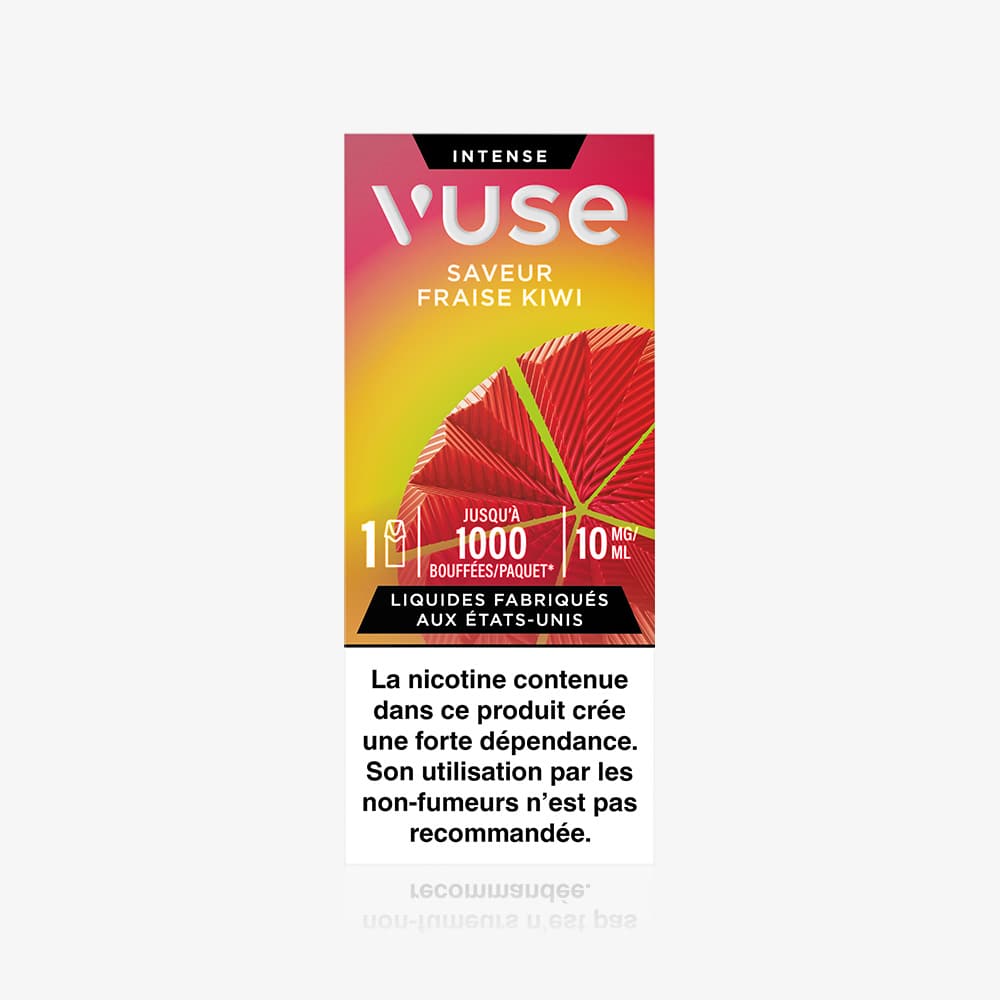 Vuse | L'emballage de la capsule VUSE 1 Saveur Fraise Kiwi présente un fond rouge orné d'illustrations de fruits coupés en tranches ; elle offre 1 000 bouffées avec une concentration en nicotine de 10 mg/ml ; un avertissement français sur la nicotine figure au bas du paquet. | Cigarettes Electroniques et Recharges