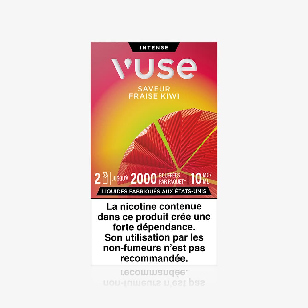 Vuse | Une boîte de VUSE Recharge Gamme Intense Saveur Fraise Kiwi, au design rouge et orange. L'emballage, en français, précise que la nicotine entraîne une forte dépendance et n'est pas recommandée aux non-fumeurs. | Cigarettes Electroniques et Recharges
