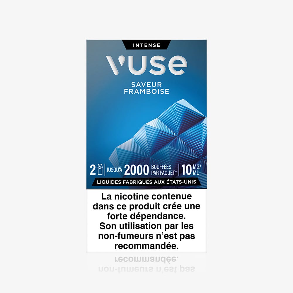 Vuse | Recharge de la gamme Intense Saveur Framboise de VUSE : emballage bleu comportant les informations d’utilisation et une mise en garde en français concernant la nicotine (« La nicotine contenue dans ce produit entraîne une forte dépendance… »). Ce paquet contient deux capsules offrant une expérience fruitée à la framboise tout en respectant la réglementation française. | Cigarettes Electroniques et Recharges