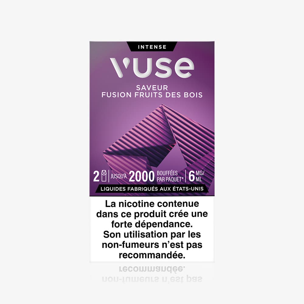 Vuse | Recharge de la gamme « Intense Saveur Fusion Fruits des Bois » de VUSE, au design violet. Une mise en garde en français signale le risque de dépendance à la nicotine et déconseille son utilisation aux non-fumeurs. | Cigarettes Electroniques et Recharges
