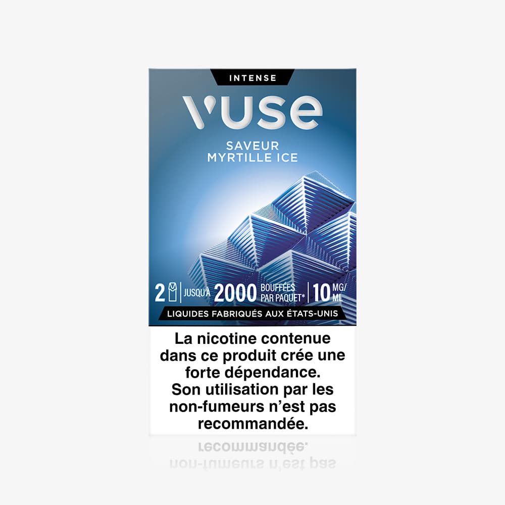 Vuse | Recharge Gamme Intense Saveur Myrtille Ice de VUSE, 2 pods bleus à motifs géométriques, jusqu’à 2 000 bouffées, 10 mg/ml de nicotine, avec avertissement sur la dépendance à la nicotine en français. | Cigarettes Electroniques et Recharges
