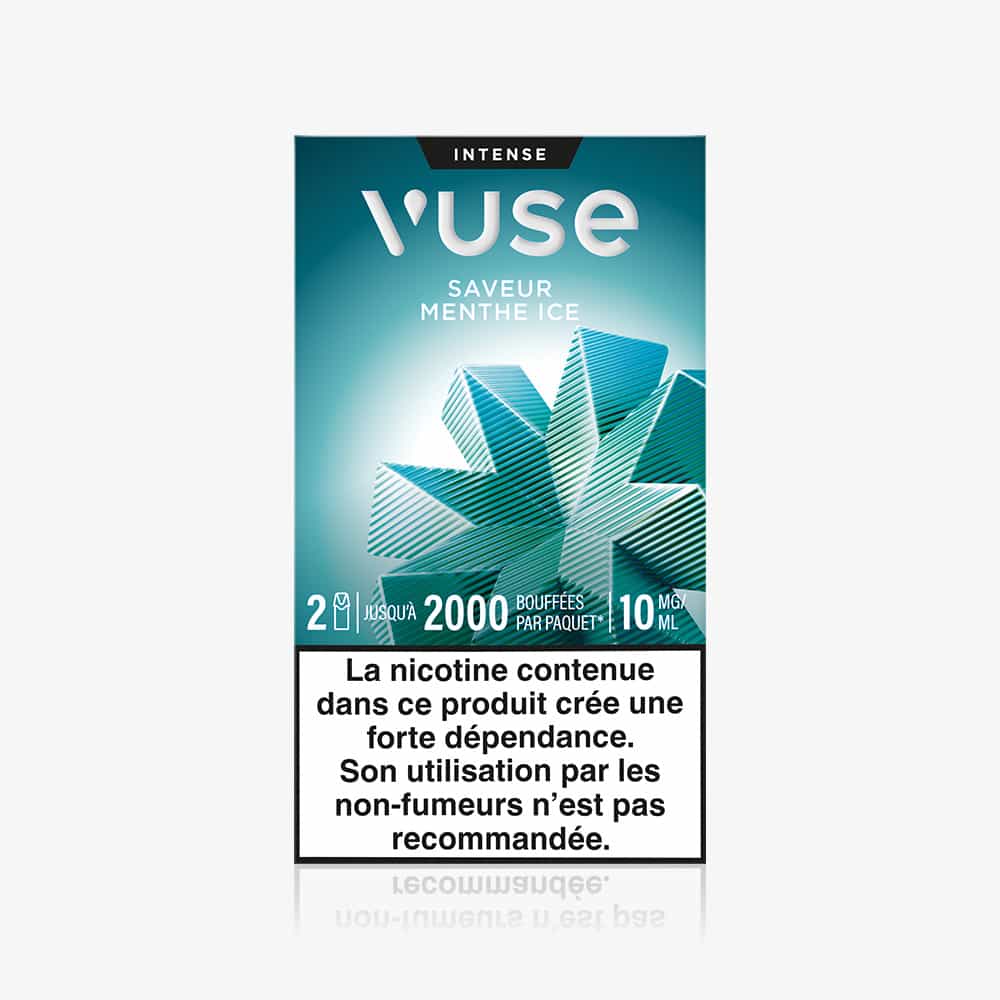Vuse | Le pack Recharge de la gamme Intense Saveur Menthe Ice de VUSE arbore des motifs géométriques bleus, indique jusqu’à 2 000 bouffées par paquet et comporte un avertissement concernant la nicotine en français au bas de l’emballage. | Cigarettes Electroniques et Recharges