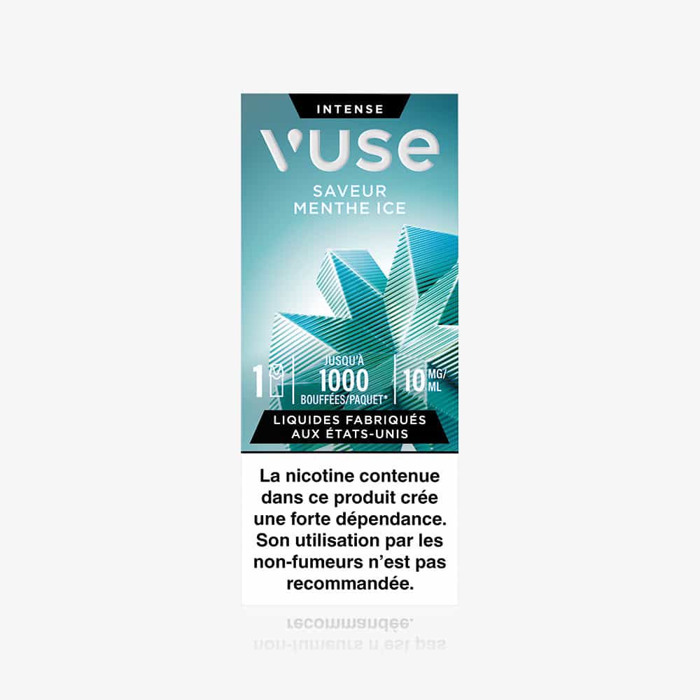 Vuse | Une capsule VUSE 1 « Saveur Menthe Ice » se distingue par son design bleu rafraîchissant, contient 10 ml de liquide à 10 mg/ml de nicotine, offre jusqu’à 1 000 bouffées et affiche, en bas, la mention « saveur menthe française » ainsi qu’un avertissement sur la dépendance à la nicotine. | Cigarettes Electroniques et Recharges