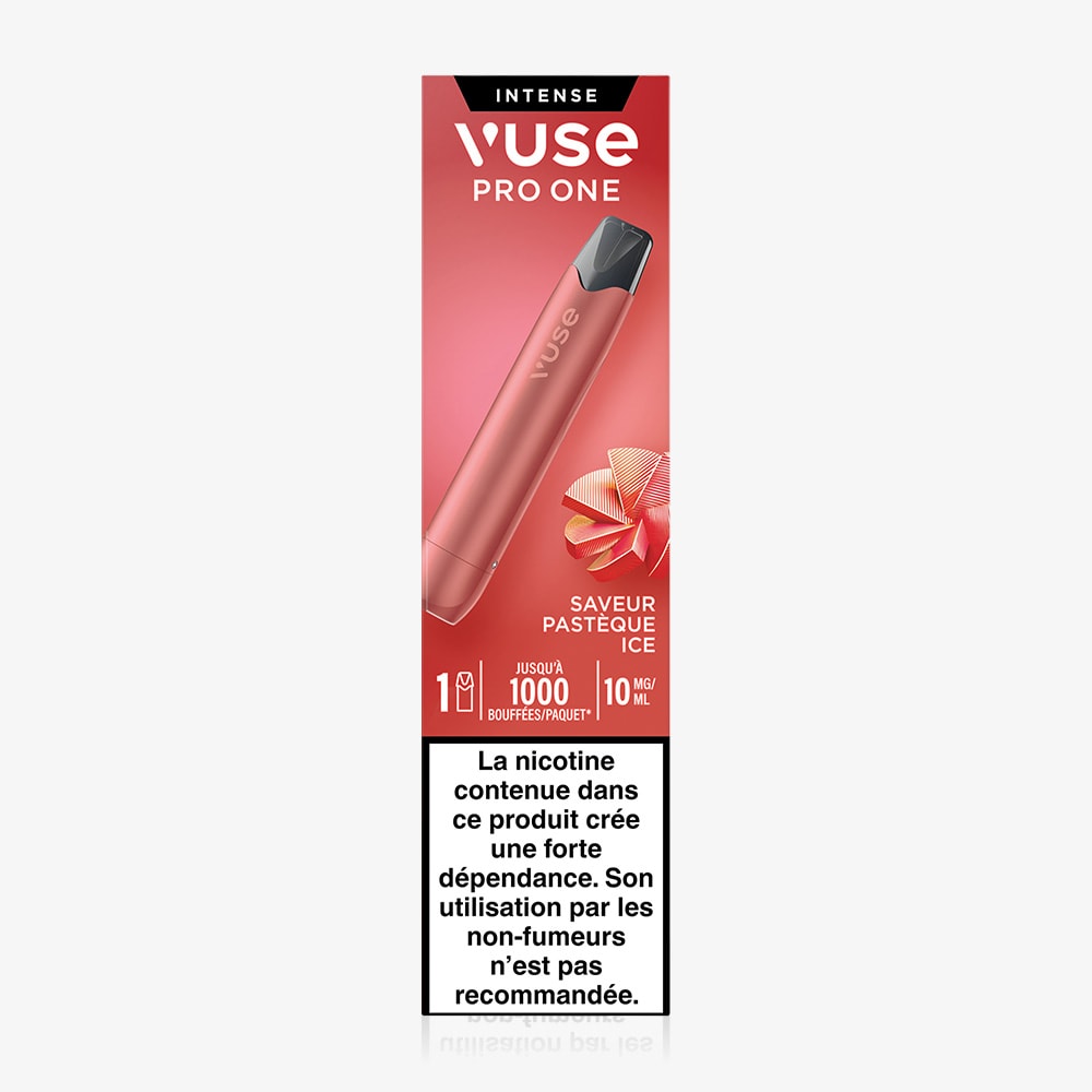 Une cigarette électronique jetable VUSE Pro ONE Bar Pastèque Ice est présentée dans un emballage rose orné d'un motif représentant une pastèque coupée en tranches, avec une mention d'avertissement relative à la nicotine en français au bas de l'emballage.