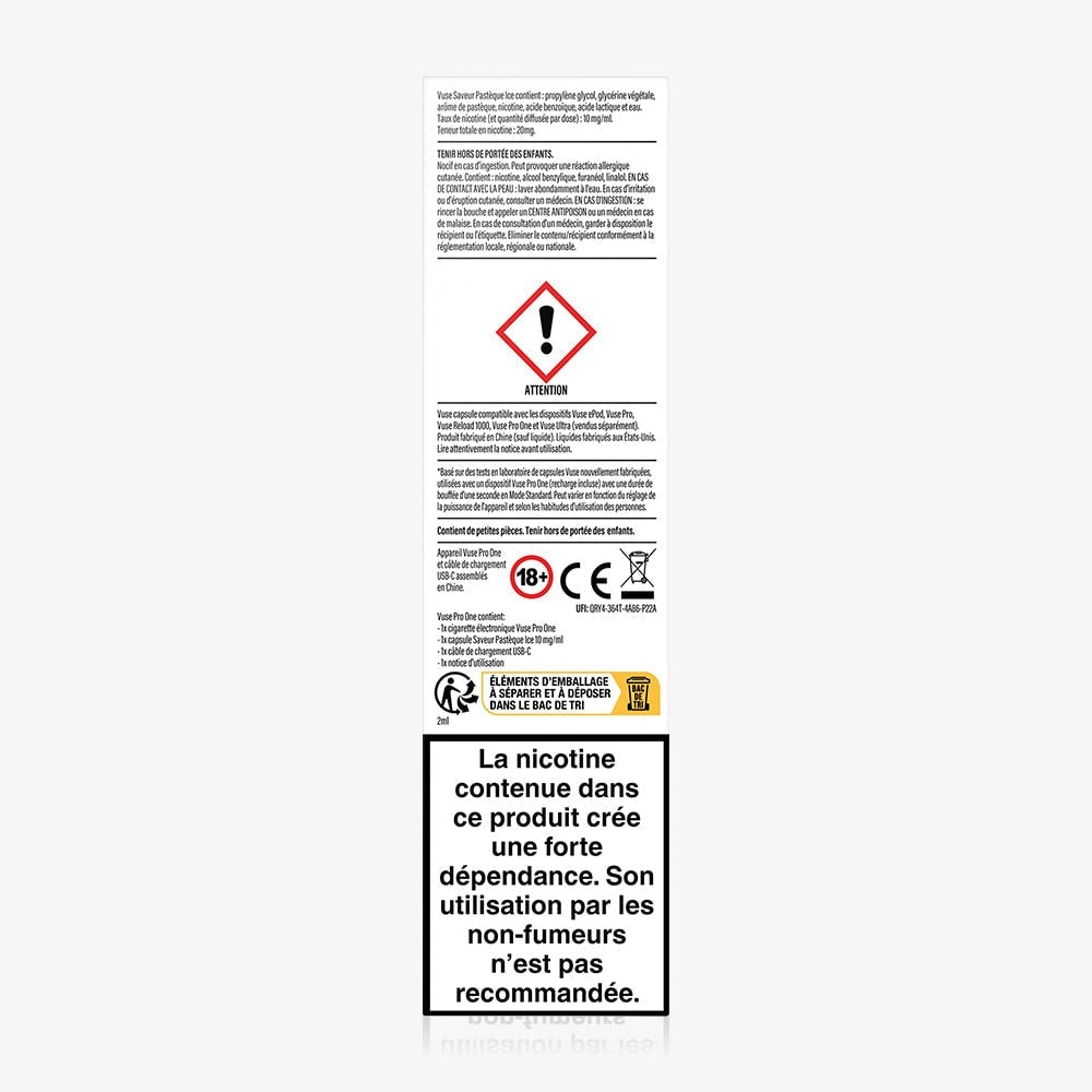 Une étiquette d'avertissement apposée sur la cigarette électronique VUSE Pro ONE Bar Pastèque Ice comporte des symboles de danger et indique en français : « La nicotine contenue dans ce produit crée une forte dépendance. Son utilisation par les non-fumeurs n'est pas recommandée. Prêt à vapoter. ».