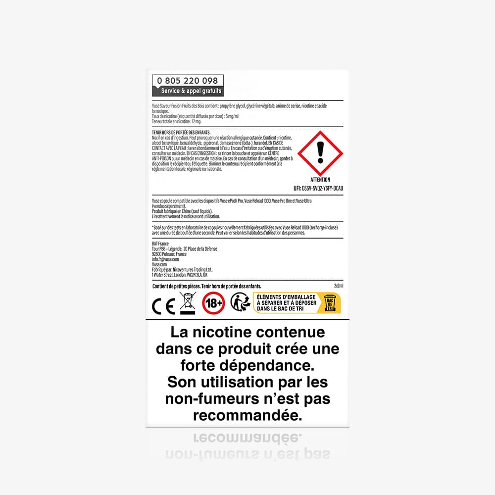 Vuse | Dos d'un paquet de VUSE Recharge Gamme Intense Saveur Fusion Fruits des Bois, comportant une étiquette d'avertissement en français, un symbole de danger et une mise en garde contre le risque de dépendance précisant que ce produit n'est pas destiné aux non-fumeurs. Comprend les symboles réglementaires et mentionne les capsules « Fusion Fruits des Bois ». | Cigarettes Electroniques et Recharges
