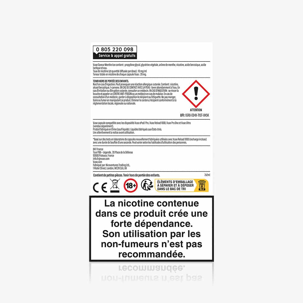 Vuse | Une étiquette en français apposée sur un paquet de VUSE Recharge Gamme Intense Saveur Menthe Ice comporte des symboles de danger, des avertissements sur la dépendance à la nicotine déconseillant son utilisation aux non-fumeurs, des icônes de sécurité, un numéro de téléphone et mentionne les capsules à la saveur Menthe Ice. | Cigarettes Electroniques et Recharges