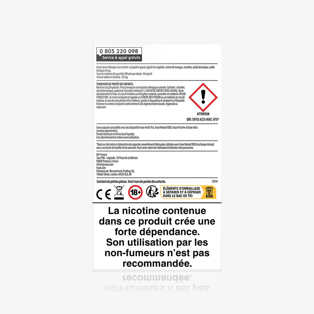 Vuse | Au dos d'un paquet de VUSE Recharge Gamme Intense Saveur Mangue Ice figurent des avertissements de sécurité en français, des symboles de danger ainsi qu'un avertissement en caractères gras concernant la dépendance à la nicotine, précisant que ce produit n'est pas recommandé aux non-fumeurs. | Cigarettes Electroniques et Recharges