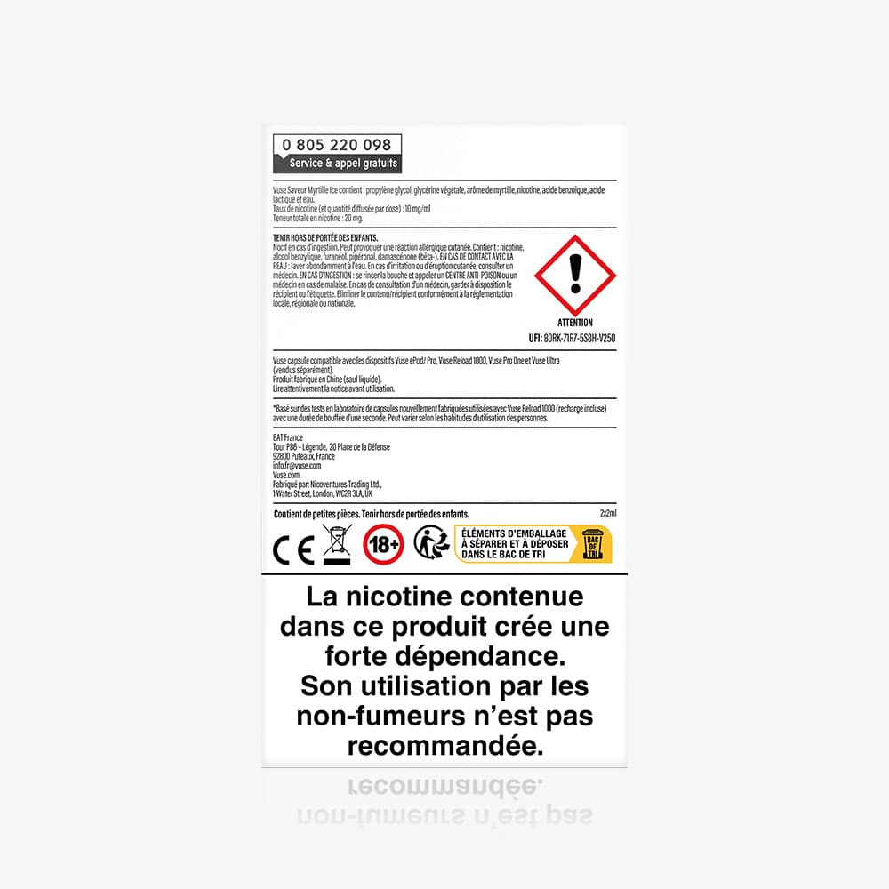 Vuse | Au dos d'un paquet de VUSE Recharge Gamme Intense Saveur Myrtille Ice figurent des symboles d'avertissement, des consignes de sécurité et une mention en français en caractères gras : « La nicotine contenue dans ce produit crée une forte dépendance. » Capsules Saveur Myrtille Ice incluses. | Cigarettes Electroniques et Recharges