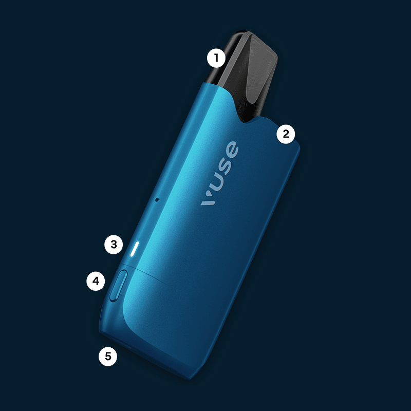 Vuse | On voit un dispositif de vapotage Vuse bleu sur un fond sombre, avec des numéros de 1 à 5 indiquant les différentes parties : l'embout buccal, la zone du logo, le voyant LED, le bouton et la base. | Cigarettes Electroniques et Recharges