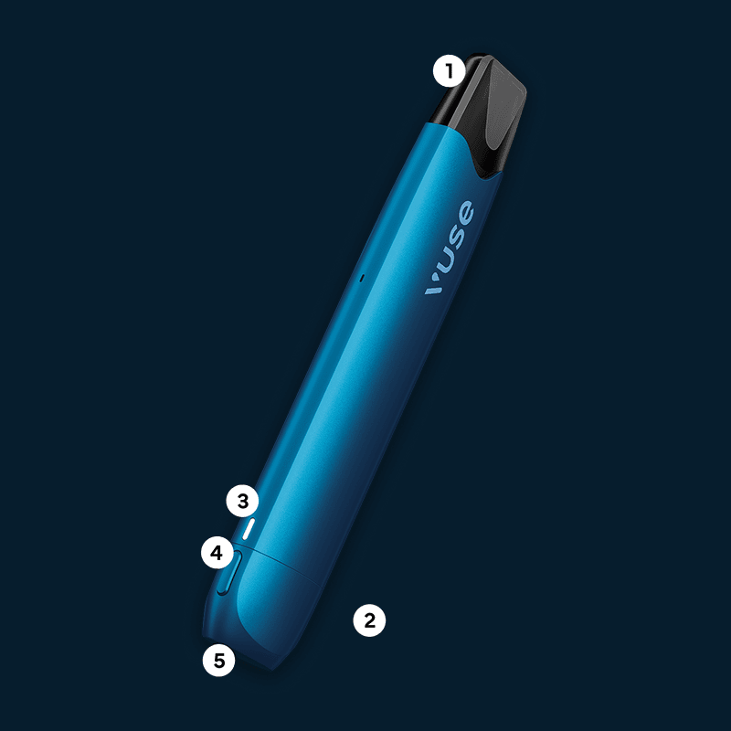 Vuse | Une cigarette électronique Vuse bleue, sur laquelle figurent les chiffres de 1 à 5 indiquant les différentes parties de l'appareil, sur un fond bleu foncé. Le logo Vuse est visible sur l'appareil. | Cigarettes Electroniques et Recharges