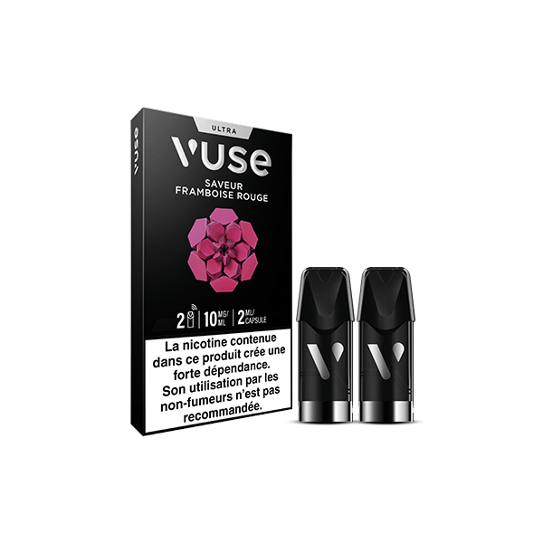 Une boîte de VUSE Ultra Saveur Framboise Rouge avec deux vape pods noirs est présentée. L'emballage affiche un avertissement de nicotine de 10 mg/ml en français.